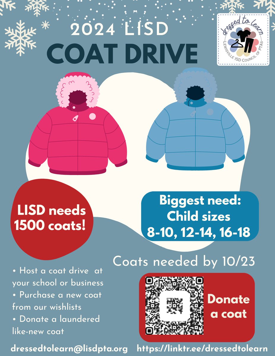 LISD Council of PTAs (@lisdpta) on Twitter photo LISD community, we need your help for the 2024 LISD Coat Drive! If you have a school, group or organization that can help with our coat drive, please email dressedtolearn@lisdpta.org and put "Coat Drive" in the subject line of your email. LISD community, we need your help for the 2024 LISD Coat Drive! If you have a school, group or organization that can help with our coat drive, please email dressedtolearn@lisdpta.org and put "Coat Drive" in the subject line of your email.