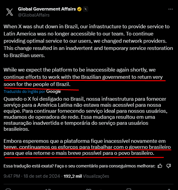 joaosenzi's tweet photo. Elon Musk informa que está trabalhando para voltar ao Brasil e "continuar os esforços" com o governo brasileiro. https://t.co/vFWbgQ9sl4