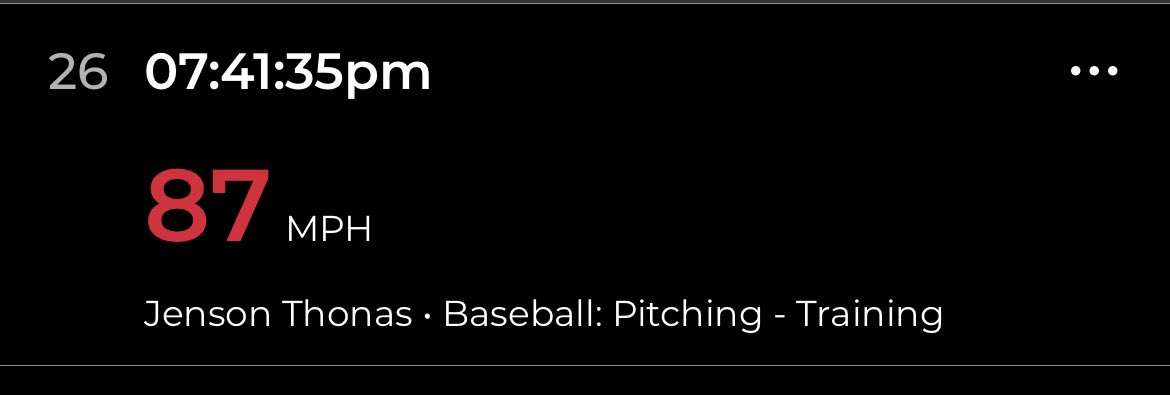 Off season work is paying off! New PR off the mound at 87mph! Sat 84-86 today. <a href="/DF_Scouting/">Driving Force Baseball National Teams</a> <a href="/DennisSimpson_/">Dennis Simpson</a> <a href="/BillyOConner_XU/">Billy O'Conner</a> <a href="/JoeyBellini20/">Joey Bellini</a> <a href="/RollaBaseball/">Rolla Bulldog Baseball</a> <a href="/brock_keener/">Brock Keener</a> <a href="/jose_PR10/">Jose Carballo</a> <a href="/Esnide25/">Eric Snider</a>