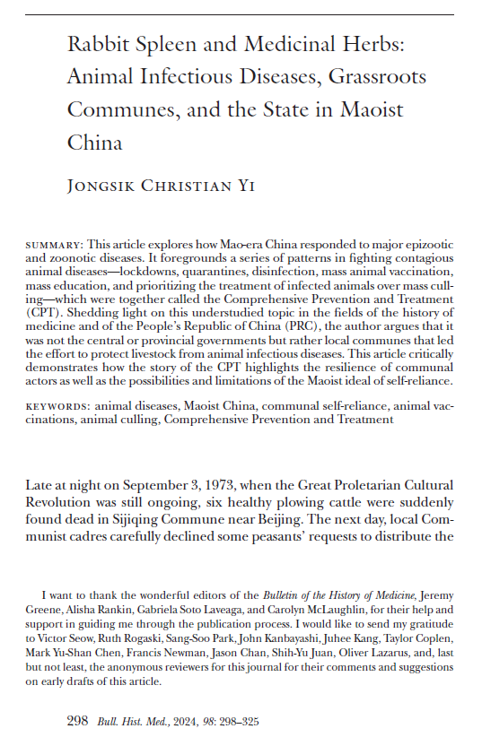 Jongsik Christian Yi 李鍾湜 (@jchristianyi) on Twitter photo I'm thrilled that my new article has been published in <a href="/BHMjournal/">Bulletin of the History of Medicine</a>. It explores how Mao-era China responded to major epizootic/zoonotic diseases.
Please find the article:
muse.jhu.edu/pub/1/article/… I'm thrilled that my new article has been published in <a href="/BHMjournal/">Bulletin of the History of Medicine</a>. It explores how Mao-era China responded to major epizootic/zoonotic diseases.
Please find the article:
muse.jhu.edu/pub/1/article/…