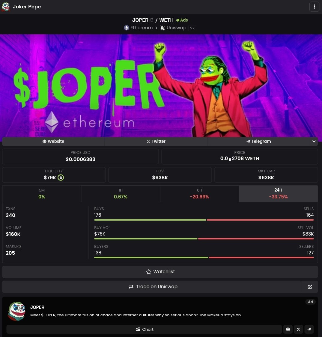 The $JOPER is taking over every platform to bring the mahyem.

#4chan and <a href="/dexscreener/">DEX Screener</a> ads campaign started 🤡🤡

#CTO #clowntakeover #JokerFolieADeux