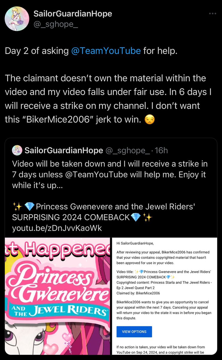 _sghope_'s tweet image. Hello!! My latest video has been falsely claimed by someone who owns zero footage in my video and I can’t get a real person to help me. I have less than 6 days now to get this sorted before I get a strike. Please help!!