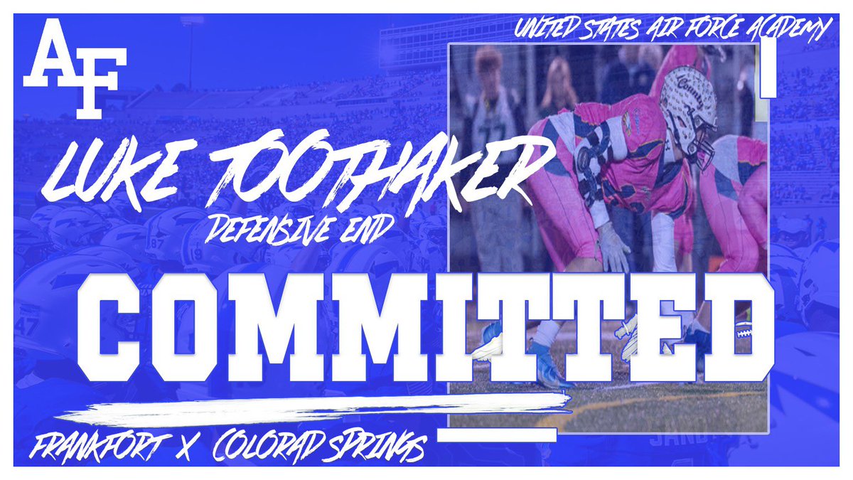 Luke Toothaker (@luketoothaker13) on Twitter photo After many prayers and long talks with family and friends. I am proud to announce my commitment to the United States Air Force Academy. AGTG. 🇺🇸⚡️
<a href="/FCFlyerFootball/">Flyer Football</a>
<a href="/CoachNickToth/">Nick Toth</a> <a href="/CoachAlexMeans/">Alex Means</a> <a href="/Coach_DGibson/">Deonté Gibson</a> <a href="/CoachTCalhoun/">Troy Calhoun</a> After many prayers and long talks with family and friends. I am proud to announce my commitment to the United States Air Force Academy. AGTG. 🇺🇸⚡️
<a href="/FCFlyerFootball/">Flyer Football</a>
<a href="/CoachNickToth/">Nick Toth</a> <a href="/CoachAlexMeans/">Alex Means</a> <a href="/Coach_DGibson/">Deonté Gibson</a> <a href="/CoachTCalhoun/">Troy Calhoun</a>