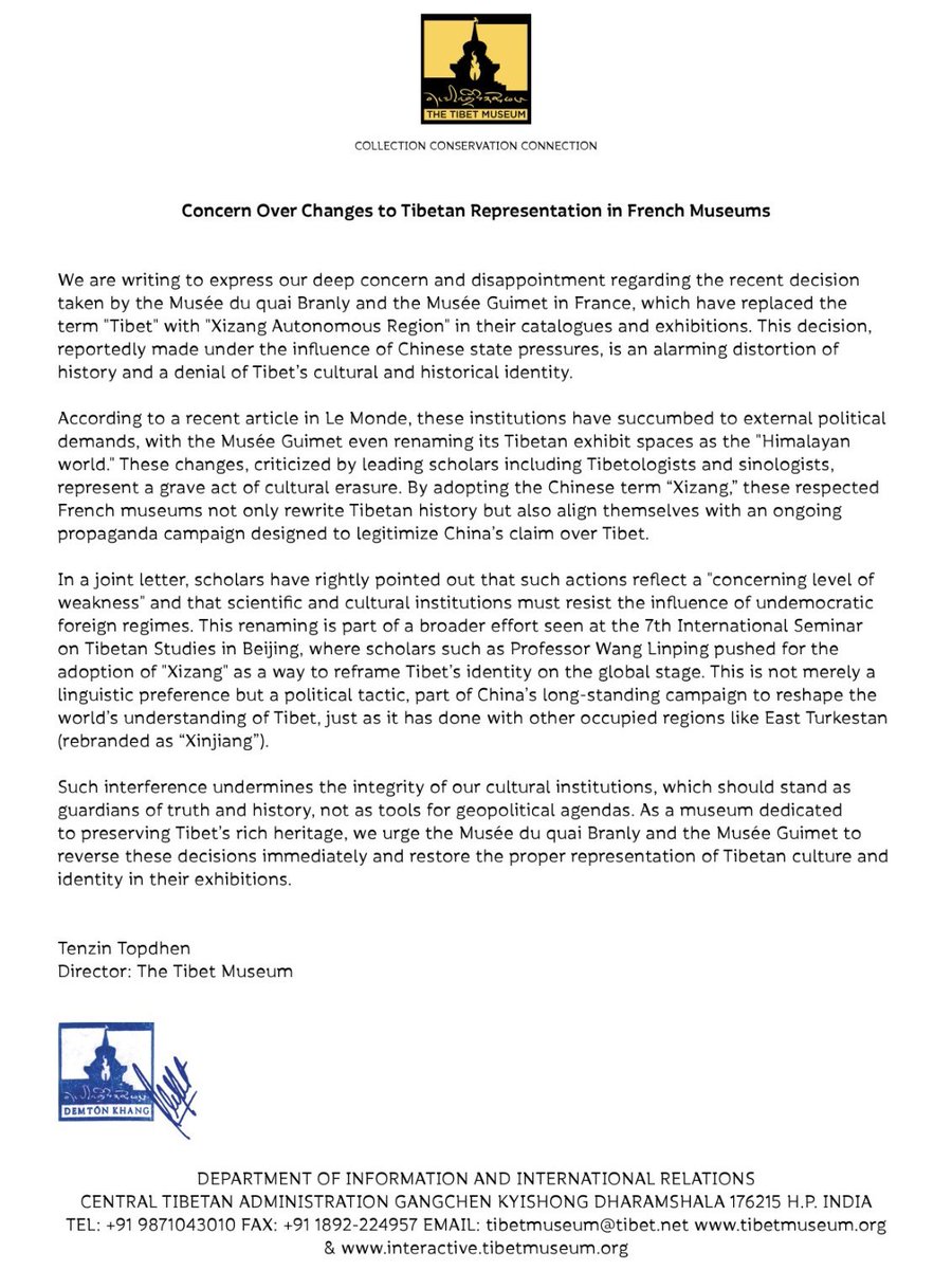 𝐂𝐨𝐧𝐜𝐞𝐫𝐧 𝐎𝐯𝐞𝐫 𝐂𝐡𝐚𝐧𝐠𝐞𝐬 𝐭𝐨 𝐓𝐢𝐛𝐞𝐭𝐚𝐧 𝐑𝐞𝐩𝐫𝐞𝐬𝐞𝐧𝐭𝐚𝐭𝐢𝐨𝐧 𝐢𝐧 𝐅𝐫𝐞𝐧𝐜𝐡 𝐌𝐮𝐬𝐞𝐮𝐦𝐬

We are writing to express our deep concern and disappointment regarding the recent decision taken by the Musée du quai Branly and the Musée Guimet in France.