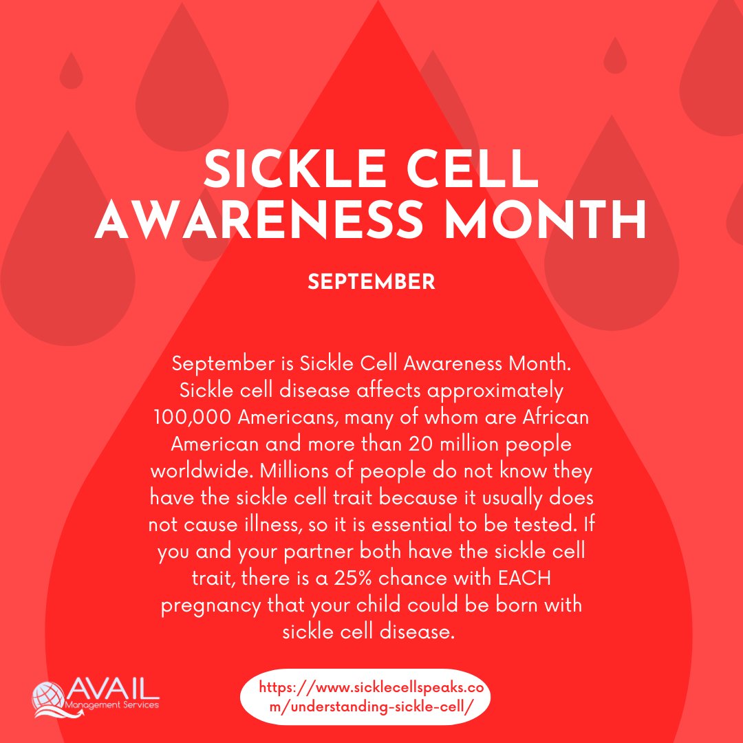 AvailManagement's tweet image. Sickle Cell Awareness Month raises awareness of sickle cell disease and honor those who live with it. Sickle cell disease is a genetic condition that affects red blood cells and can cause chronic anemia, fatigue, unpredictable pain, and jaundice. #SickleCellAwareness