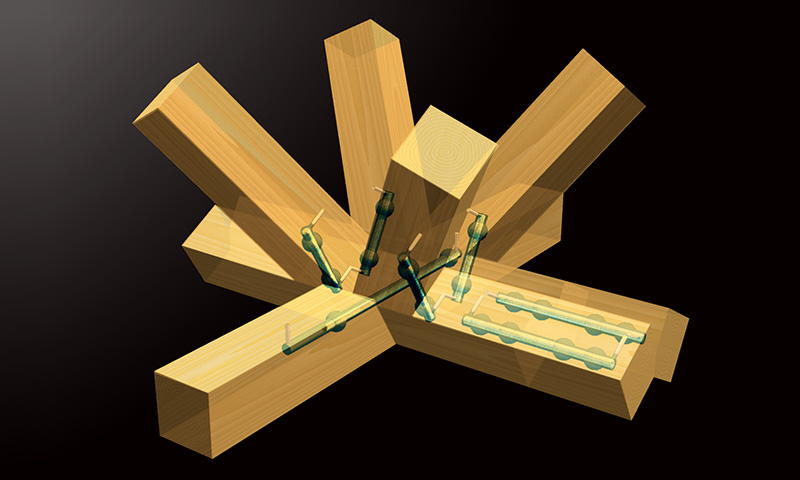 Mokukouzou's tweet image. Great job by Kuma sensei!

FYI, about the joint of wood, our technology, "Resin Connector with Hole Expansion Method" is used inside the wood, and no hardware is visible from the outside.