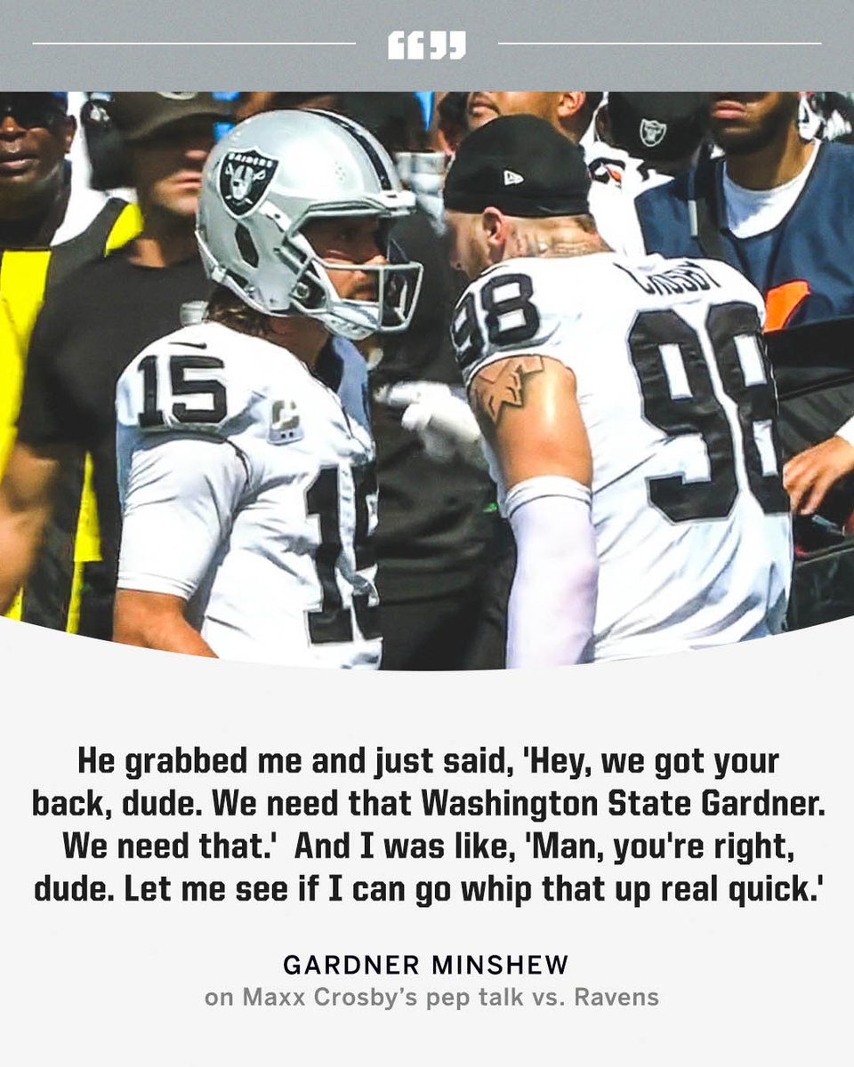 Maxx Crosby gave Gardner Minshew a pep talk after throwing an INT vs. Baltimore.

Minshew would go on to lead the Raiders to a 10 point fourth quarter comeback on the road 😤