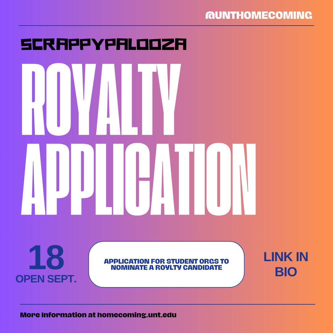 The 2024 Homecoming Royalty Application is now open! 👑 Do you know someone that would be a great candidate? Tag their Student Org handle below. 👇

Applications are due 9/29 @ 11:59pm, link in bio for more info!

#UNThomecoming #RoyaltyApplication #Scrappypalooza