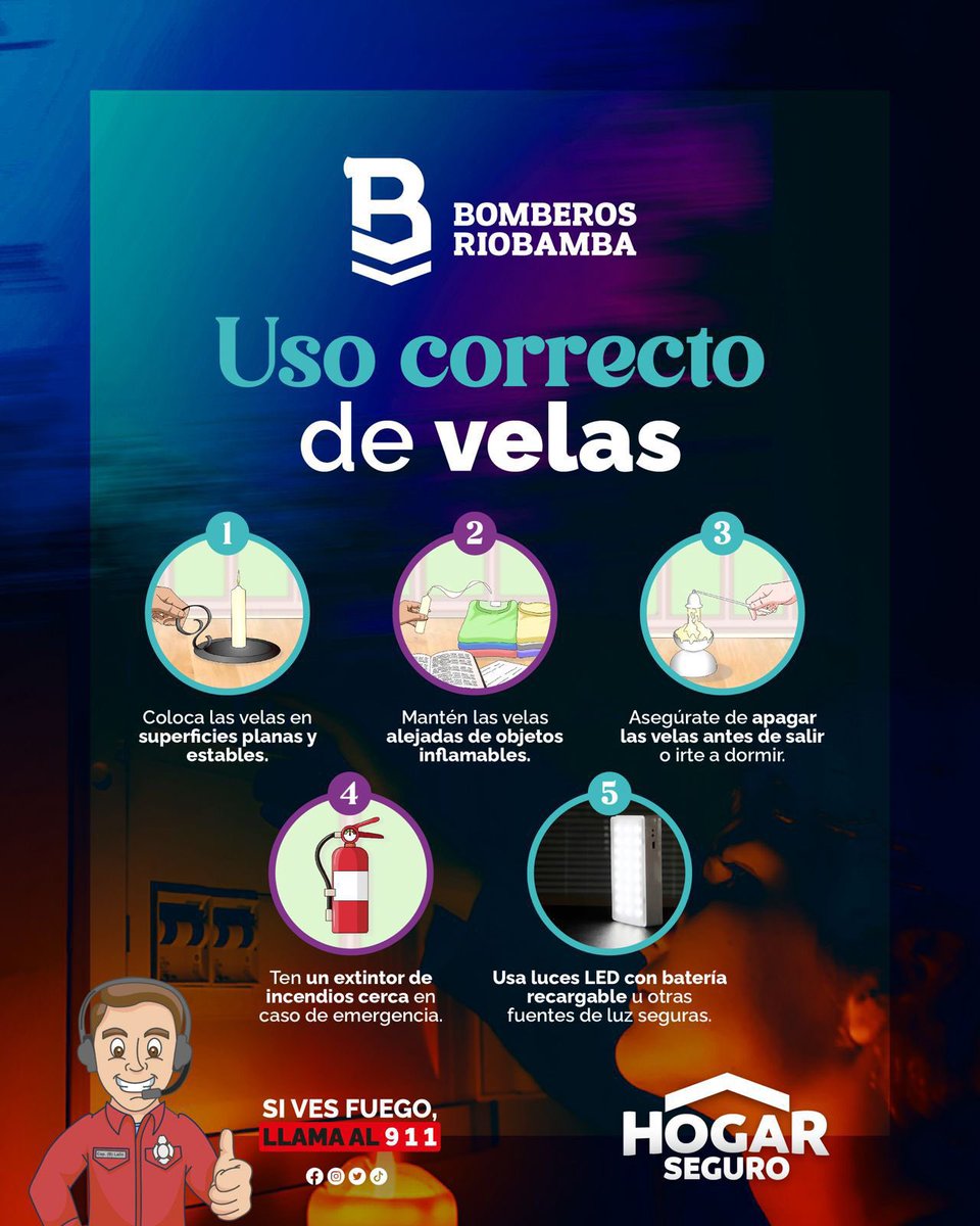 Consejos de seguridad durante los cortes de energía en Riobamba
👉Si usas velas 🕯️ 
Colócalas en recipientes resistentes al fuego y en recipientes estables.
No dejes encendidas y mantén fuera del alcance de los niños y mascotas. 
#Riobamba 
#TenemosUnPlan