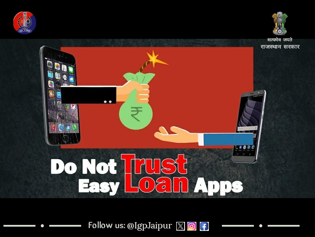 IgpJaipur's tweet image. Easy Loan Scam⚠️
#LoanApp के झांसे में आकर ठगी का शिकार बन रहे युवा-बच्चे। ठग ज्यादा ब्याज लेने के नाम पर धमकाते हैं।

ध्यान रखें लोन लेने के लिए हमेशा #RBI से अनुमोदित ऐप का ही इस्तेमाल करें। 

साइबर फ्रॉड होने पर ☎️ #Helpline1930 पर शिकायत करें।

#RajasthanPolice