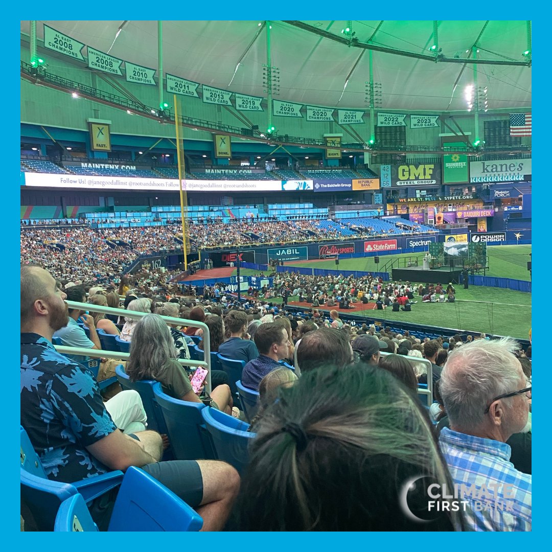 climate1stbank's tweet photo. This Saturday, @TropicanaField welcomed the @RootsandShoots Alliance of Tampa Bay for Hope in Action. Climate First Bank's CEO &amp; Founder Ken LaRoe, Dr. Cindy LaRoe, and VP, Director of Marketing Rachel Kent had the pleasure of meeting Dr. Jane Goodall of the @JaneGoodallInst. 💙 https://t.co/kwKmAwofGm