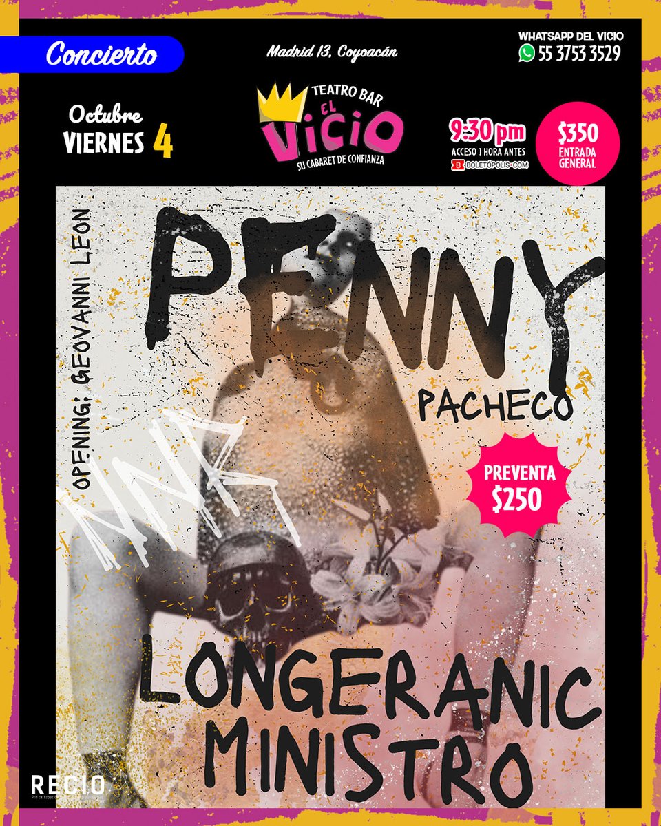 #PennyPacheco&amp;LongeranicMinistro
La música de Penny Pacheco (punk band) &amp; Longeranic Ministro en un ambiente punk-teatral-folk-pop-rock-new weird con un show que promete apropiarse de la noche.
#viernesmusicalesdelvicio
📆4 Octubre
⏱️21:30 Hrs
#CarteleraDelVicio