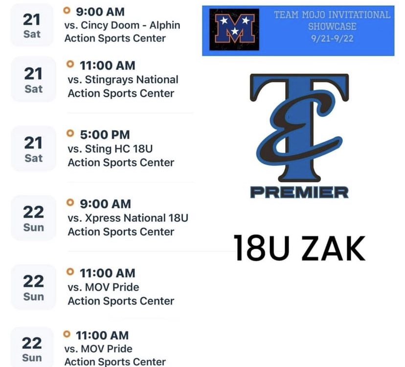 sidneypsallee's tweet photo. This weekends schedule at Action Sports Center in Dayton for the Mojo Invite!! Come out and watch my team play some ball!!🥎🥎 @MSJSoftball @Coach_Goderwis @BlufftonSB @CoachAmberPFW @TEP_Zak @OilerPride22 https://t.co/e9aOYUQcup