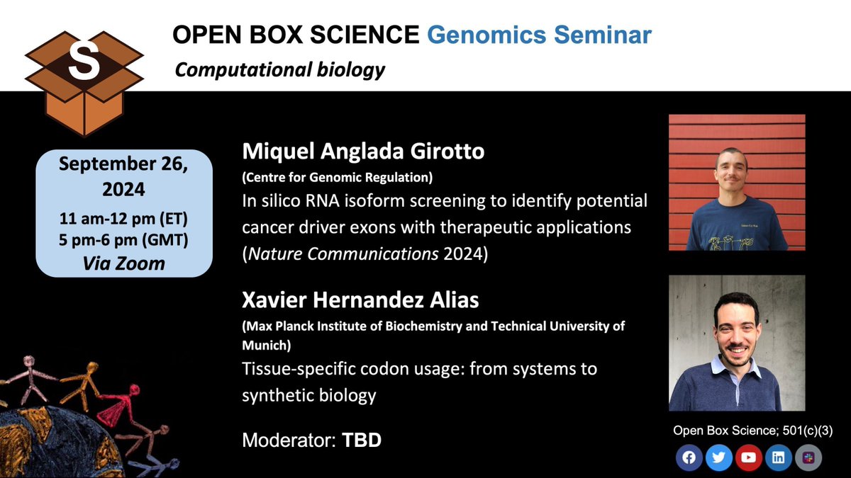OBS #Genomics Seminar
📆 Thursday, 9/26, 11 am ET/5 pm CET 

🎙️ 
Miquel Anglada Girotto  (Centre for Genomic Regulation) 

🎙️
Xavier Hernandez Alias 

👉 Registration: us02web.zoom.us/meeting/regist…  

#openscience 

Moderator: <a href="/asalboix/">Anna Salamero Boix</a>
