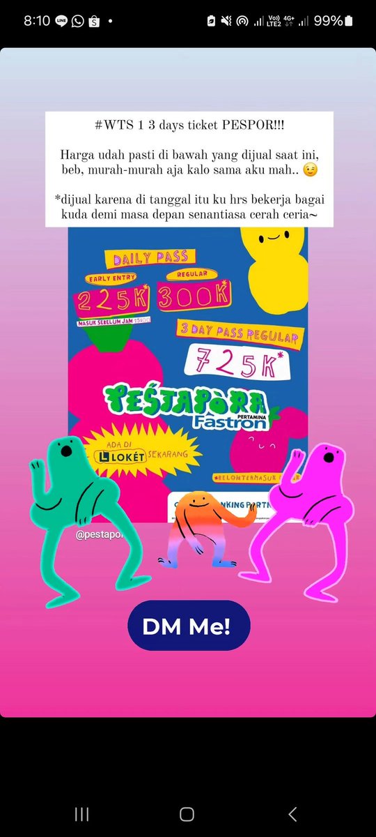 #WTS 1 3 days ticket PESPOR!!!

Harga udah pasti di bawah yang dijual saat ini, beb, murah-murah aja kalo sama aku mah.. 😉

*dijual karena di tanggal itu ku hrs bekerja bagai kuda demi masa depan senantiasa cerah ceria~
#wts #pespor2024 #Pestapora2024 #wtspestapora #wtspespor