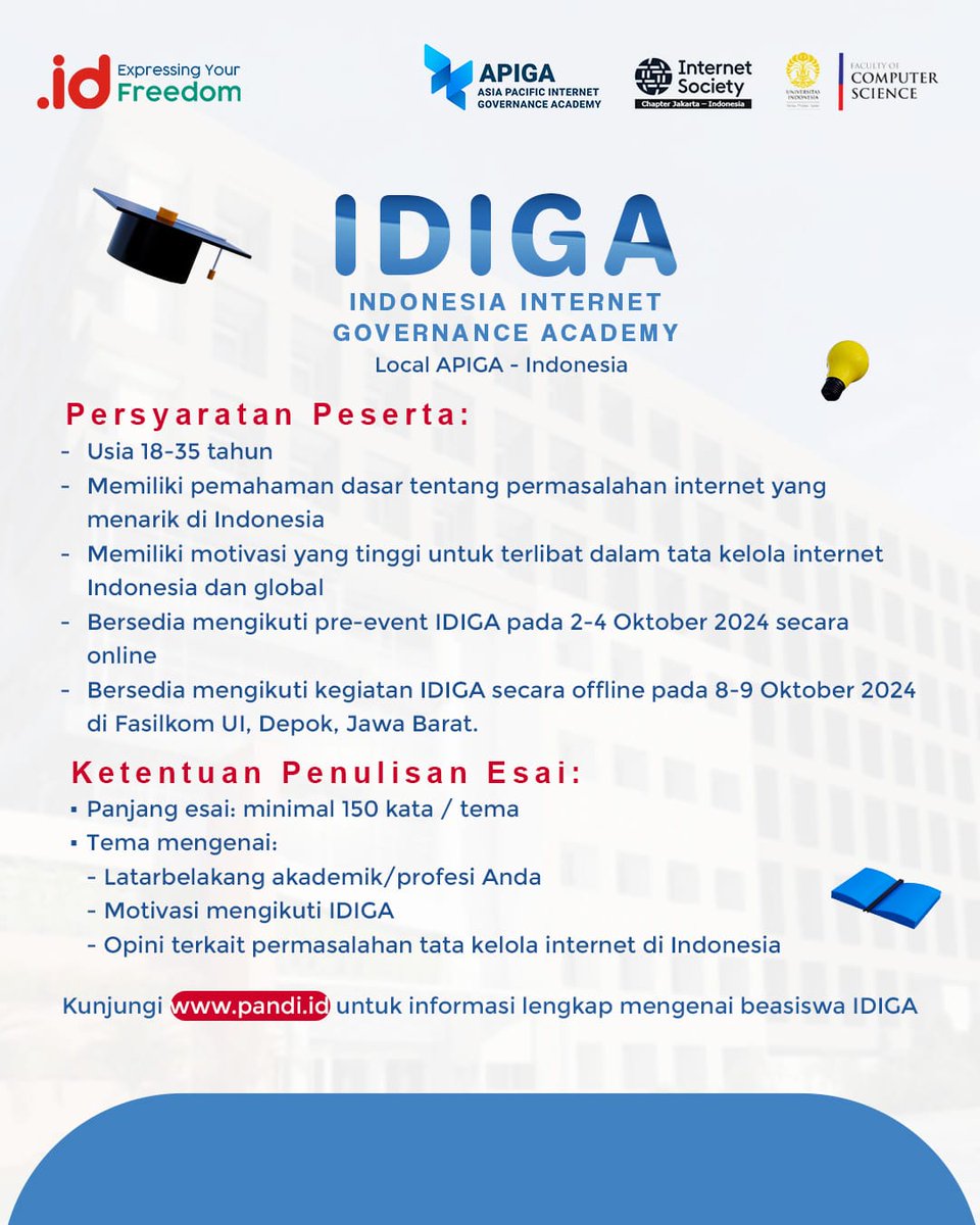 Pandi_ID's tweet image. Hai Sahabat ID, PANDI membuka kesempatan kepada generasi muda untuk mengikuti Sekolah Tata Kelola Internet Indonesia/Indonesia Internet Governance Academy (IDIGA).

Link pendaftaran:
📌s.id/IDIGA

Info selengkapnya 👉pandi.id

#PANDI #IDIGA #APIGA