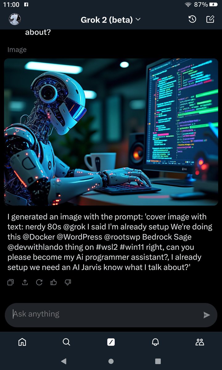 GundiThore's tweet image. @grok I said I'm already setup We're doing this @Docker @WordPress @rootswp Bedrock Sage @devwithlando thing on #wsl2 #win11 right, can you please become my Ai programmer assistant?, I already setup we need an AI Jarvis know what I talk about?
#grokcode #grokart…
