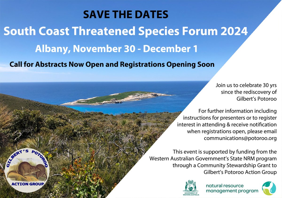 Just a reminder that our South Coast Threatened Species Forum is coming up in Albany on Nov 30-Dec 1 to celebrate 30yrs since the rediscovery of #GilbertsPotoroo. Registrations opening soon but please email us an EOI (address on flyer) if you're keen to present or want more info
