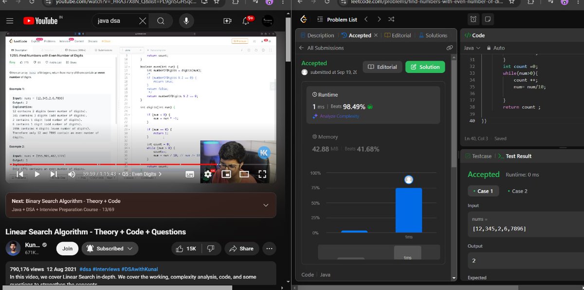 KavyaV_twt's tweet image. As consistency is the most important feature for developing yourself, so in the path of that I completed my linear search video by @kunalstwt  also practice some questions (one in leetcode) .#DSAwithKunal #java #DSAinJAVA #KunalKushwaha