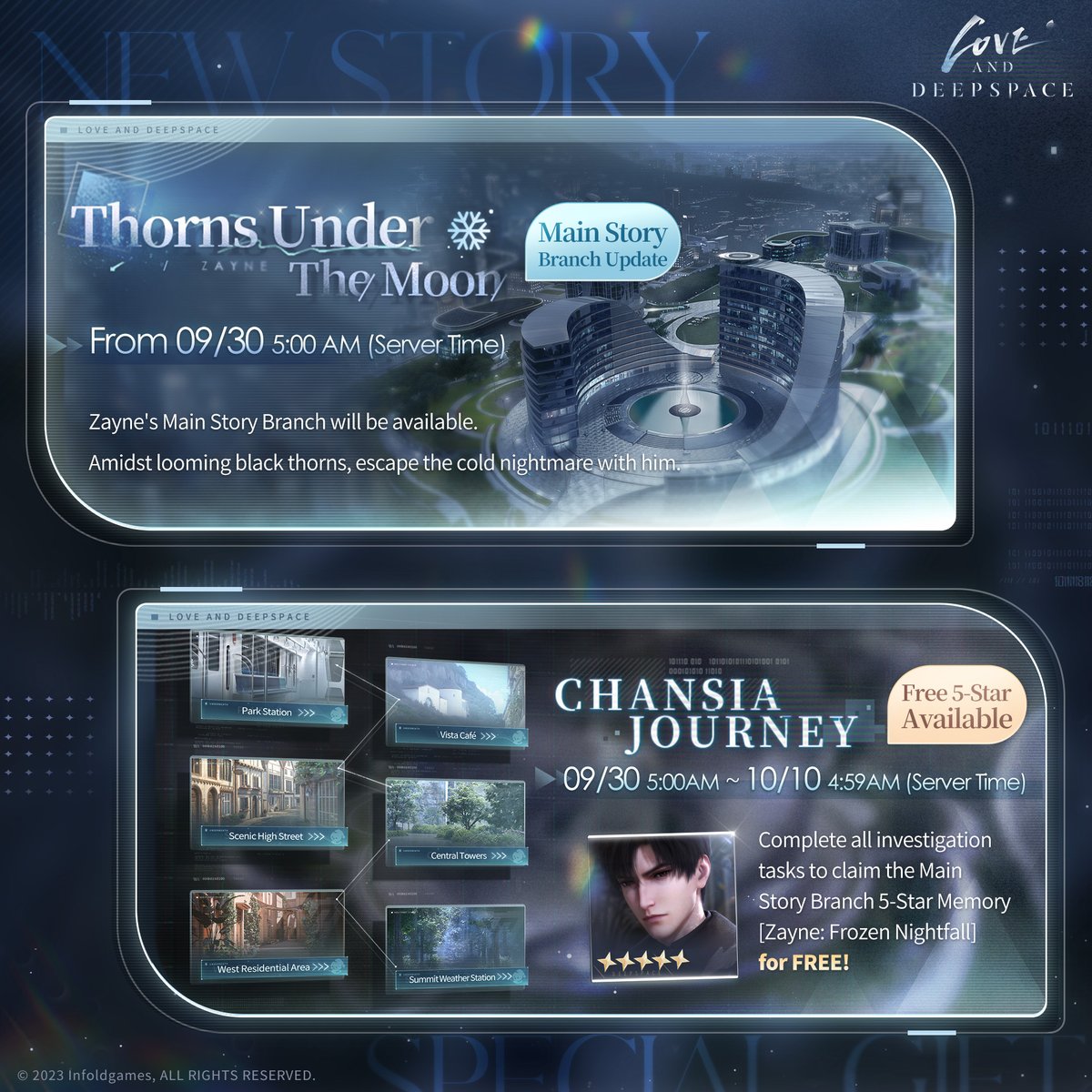 Love_Deepspace's tweet photo. Zayne's Main Story Branch | Thorns Under The Moon

"I know how this nightmare ends."

💫Starting at 5:00 AM on Sept. 30, the new Main Story Branch [Thorns Under The Moon] will be available.
You can unlock [Special Operation] and enter Zayne's Main Story Branch [Thorns Under The Moon], after completing [Prologue To Tomorrow] 1-2.
*Rafayel's and Xavier's Branches will be updated between November and December. Each branch is independent, so stay tuned!

💫[Chansia Journey] 5-Star Memory for FREE
From 5:00 AM on Sept. 30 to 4:59 AM on Oct. 10, participate in the event and complete all investigations to claim the Main Story Branch 5-Star Memory [Zayne: Frozen Nightfall] for free.

#LoveandDeepspace #Zayne