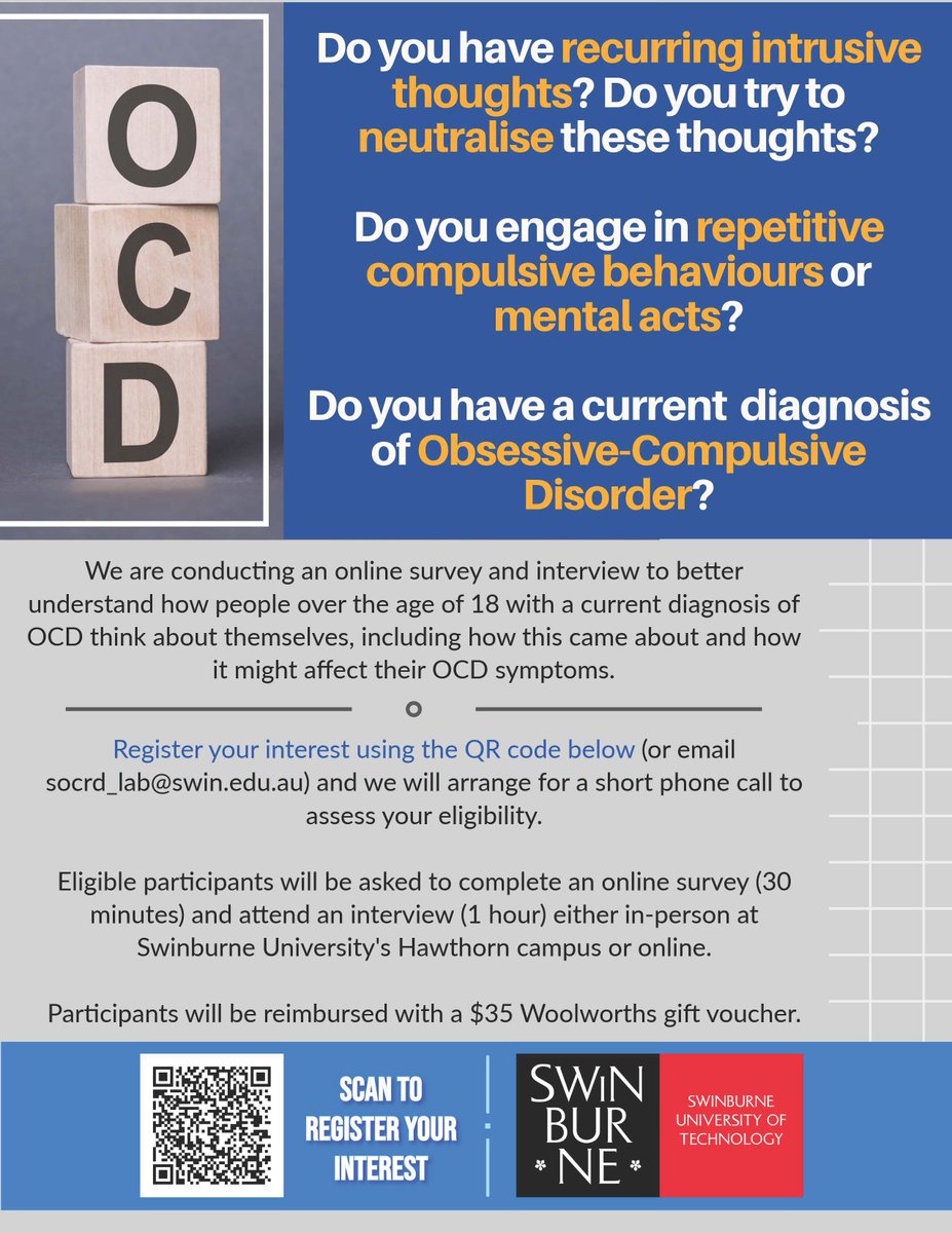 Kelvin (Shiu Fung) Wong (@shiufung_wong) on Twitter photo New Australian OCD study alert! Please redistribute within your networks,
We're conducting interviews to examine the link between self-concept and obsessive-compulsive disorder. Scan the QR code to register your interest or email us directly: socrd_lab@swin.edu.au. New Australian OCD study alert! Please redistribute within your networks,
We're conducting interviews to examine the link between self-concept and obsessive-compulsive disorder. Scan the QR code to register your interest or email us directly: socrd_lab@swin.edu.au.