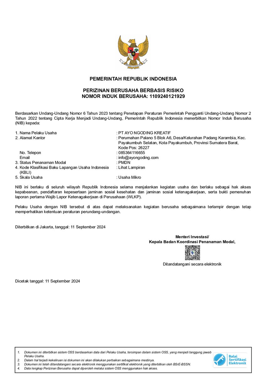 ayongoding's tweet image. NIB (Nomor Induk Berusaha) PT AYO NGODING KREATIF