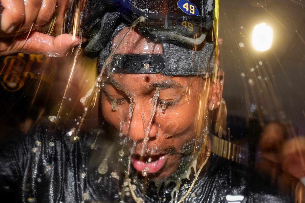 MLB's tweet photo. Celebrating with the Crew. #CLINCHED https://t.co/wKc37uwVB6