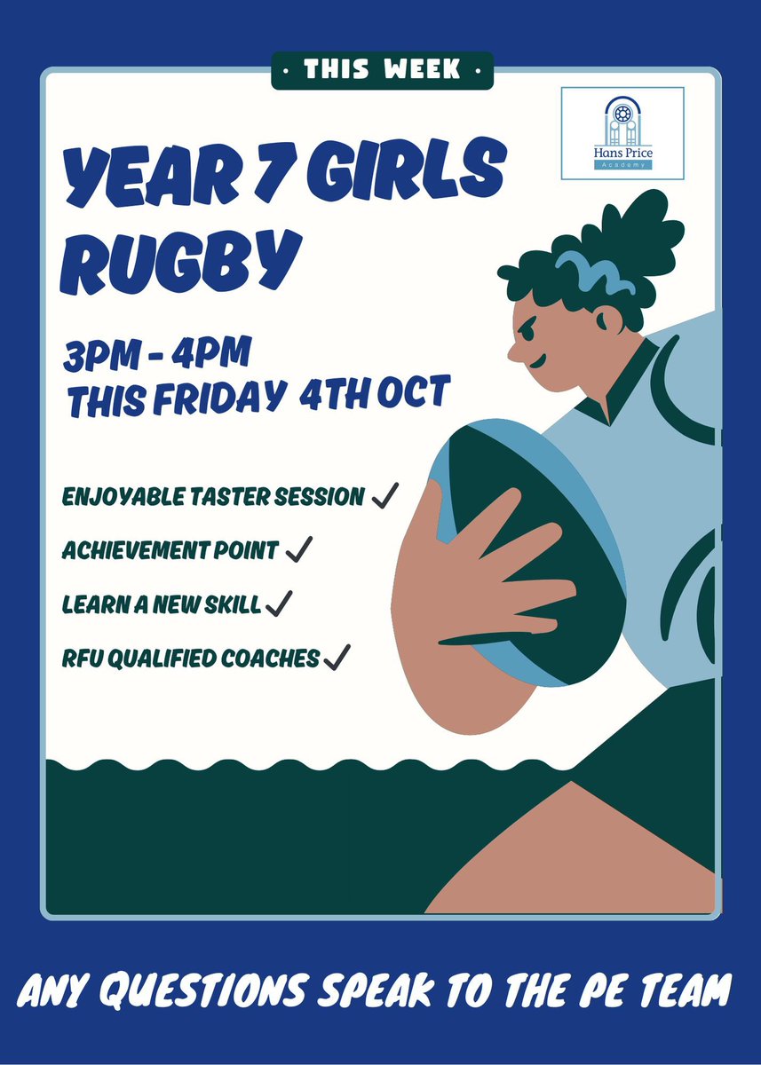 Don’t forget Year 7 Girls Rugby starting tomorrow after school. Just bring PE kit and boots 🏉