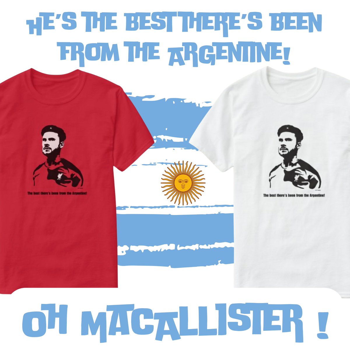ScouseIrish1's tweet photo. We are back with a spin off T-Shirt. We are selling MacAllister ‘The best there’s been from the Argentine’ T-Shirts. 
50% of the profits will go to @anhourforothers in memory of Jason Morland who sadly passed away recently. £28 for adults £22 for kids (includes post) inbox now https://t.co/i8f3XMrPx3
