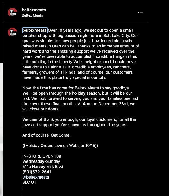 buildingslc's tweet photo. MEAT NEWS: Beltex Meats, the boutique butcher shop across from Liberty Park in the Central City neighborhood, just announced that it will close on Dec. 23 after 10 years in business. https://t.co/QroWi6R3uq