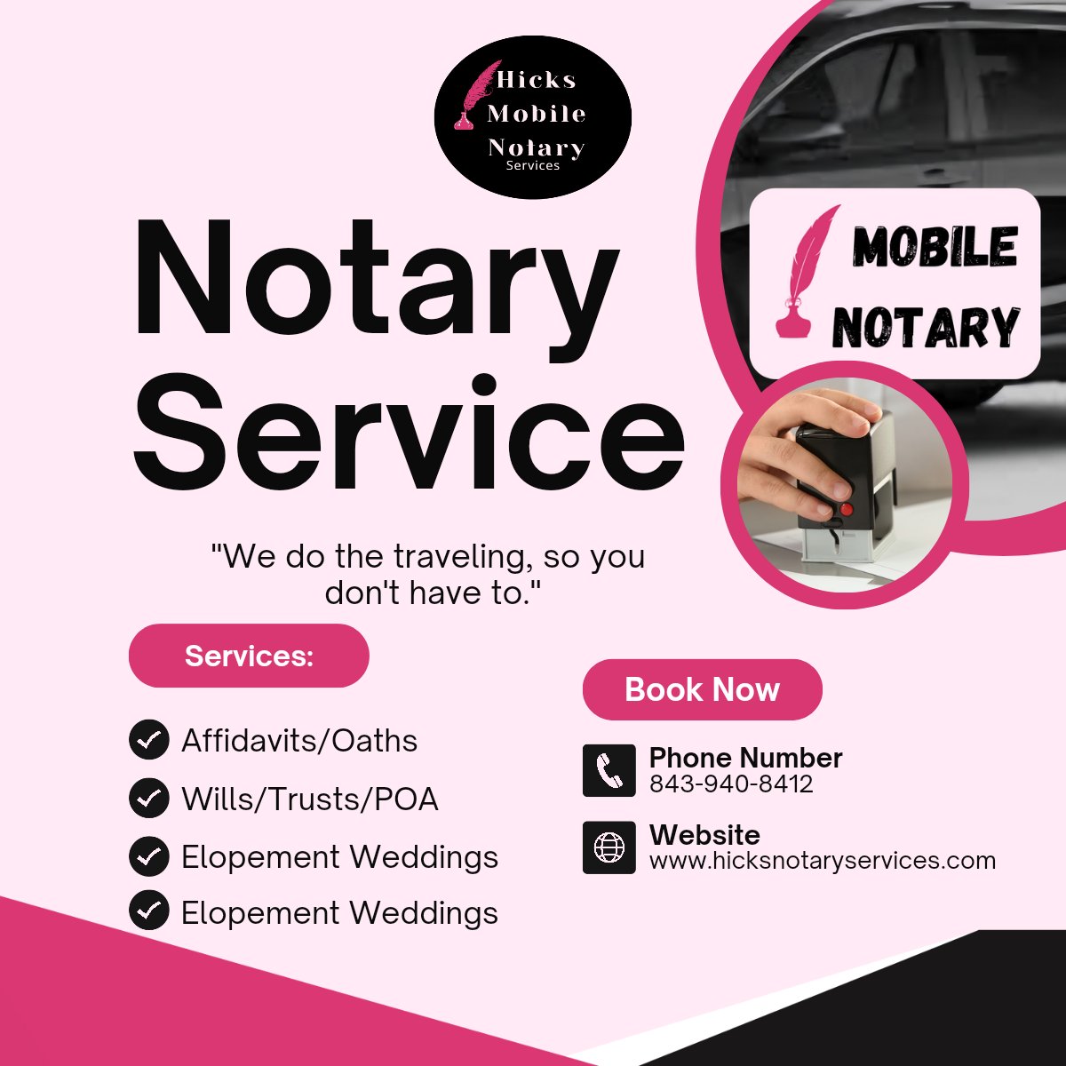 Unlock the convenience of mobile notarization at your fingertips! Get your important documents notarized anytime and anywhere, ensuring you never miss a beat in your busy life. Save our information so you don't have to look for us when you need us.

#MobileNotary #ElopementMarry