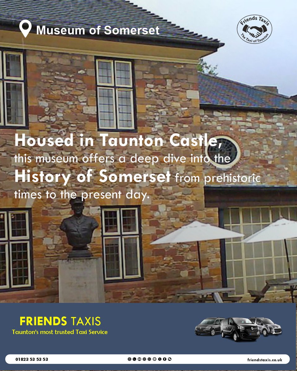 FriendsTaxis's tweet image. Housed within Taunton Castle, the Museum of Somerset showcases the county’s rich history. 

Ready to explore? Book now!
📞 01823 53 53 53 | 🌐 friendstaxis.co.uk

#TauntonTaxis #ExploreTaunton #SomersetAdventures #TauntonTourism #ReliableTaxiService