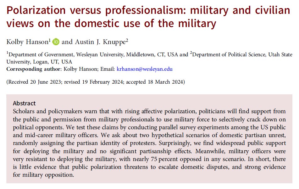 Kolby Hanson (@hansonkolby) on Twitter photo When do the US public and military officers support deploying the military to contain protests? My new article with <a href="/AJKnuppe/">Austin Knuppe</a>, featuring parallel survey experiments among American adults and mid-career officers is online at <a href="/PSRMJournal/">PSRM Journal</a>! 1/ When do the US public and military officers support deploying the military to contain protests? My new article with <a href="/AJKnuppe/">Austin Knuppe</a>, featuring parallel survey experiments among American adults and mid-career officers is online at <a href="/PSRMJournal/">PSRM Journal</a>! 1/