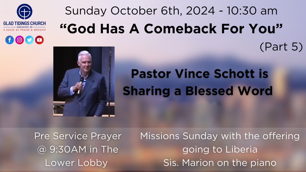 gtVancouver's tweet photo. We can’t wait to see you Sunday morning at 10:30am as Pastor Vince Schott brings us a word from the Lord. Come worship. Don’t forget It's Mission Sunday where we will be giving to Liberia. You can join us at 9:30am for pre-service prayer. #preserviceprayer #houseofworship #1030am https://t.co/04B1jxGCr3