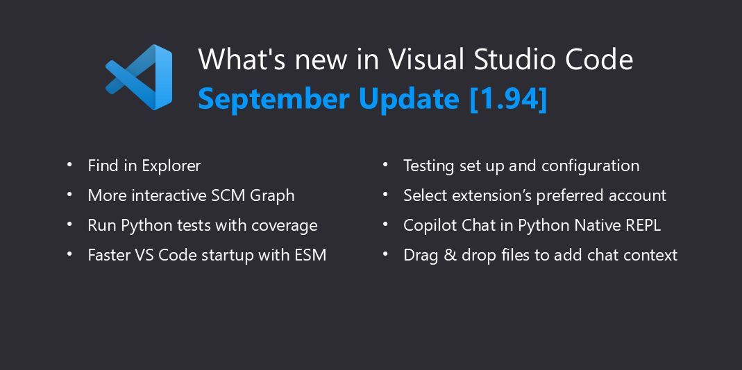 Visual Studio Code (@code) on Twitter photo 📢 Version 1.94 of <a href="/code/">Visual Studio Code</a> is out now with improved Find control in the Explorer view, more relevant chat context, faster startup with ESM, and more!
Full release notes: code.visualstudio.com/updates/v1_94
Let’s go… 🧵 📢 Version 1.94 of <a href="/code/">Visual Studio Code</a> is out now with improved Find control in the Explorer view, more relevant chat context, faster startup with ESM, and more!
Full release notes: code.visualstudio.com/updates/v1_94
Let’s go… 🧵