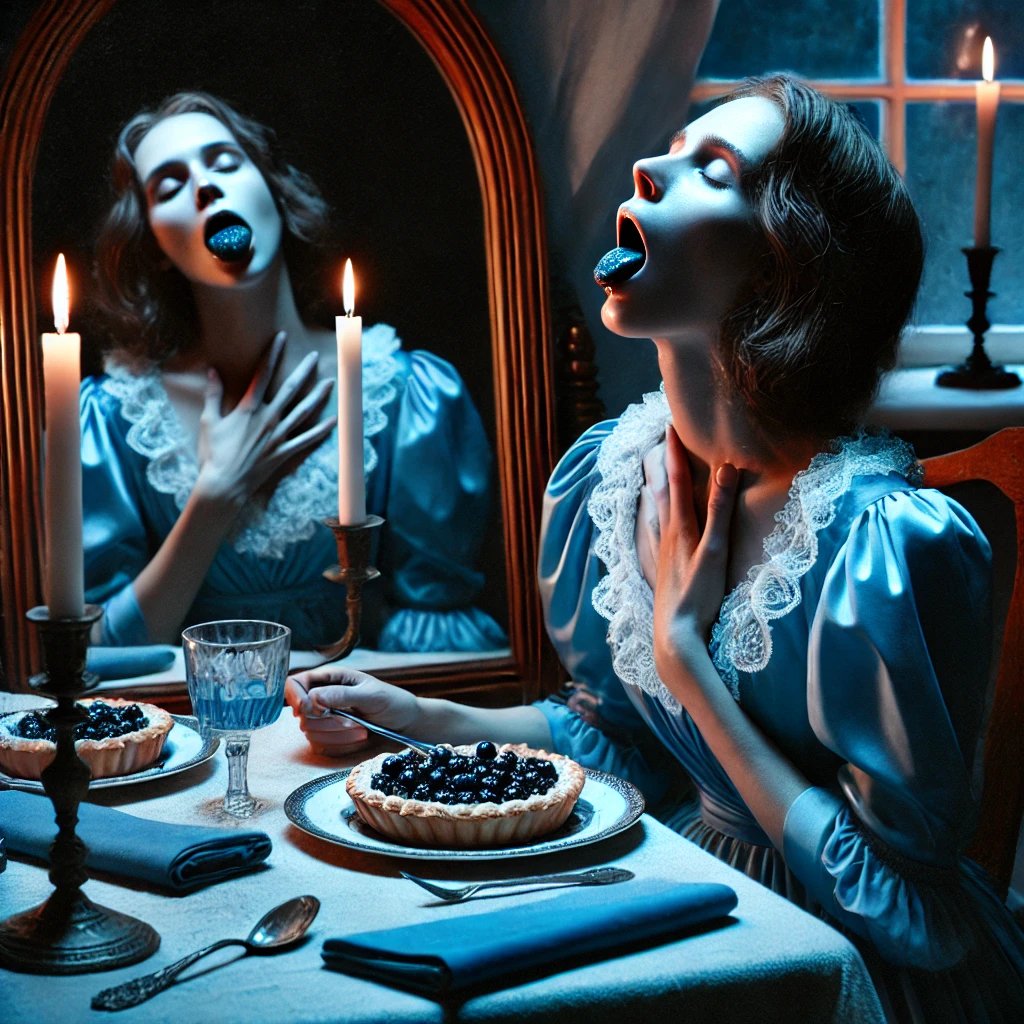 chenb0x's tweet image. She sat opposite the mirror.
Joined by her favorite dinner guest.
#Blue napkins. Blue cloth. Wearing her favorite Blue dress.
As she choked on her final bite of Blueberry pie, she turned her favorite color and gasped her last goodbye.

#31DaysOfScary #Day3