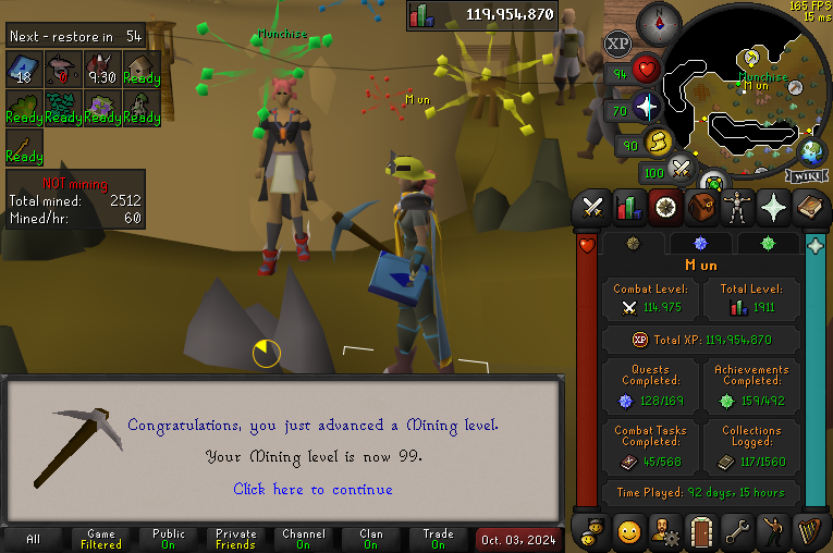 MunchiseOSRS's tweet photo. 99 Mining (#5) on the HCIM ⛏️ https://t.co/gpY0BGCyAk