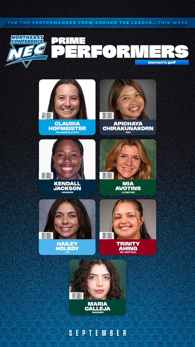 🗣️#NECWGOLF Prime Performers  ‼️

🔷Claudia Hofmeister, DSU
🔷Apichaya Chirakunakorn, FDU
🔷Kendall Jackson, HU
🔷Mia Avotins, LEM
🔷Hailey Holbdy, LIU
🔷Trinity Ahing, NCC
🔷Maria Calleja, WC