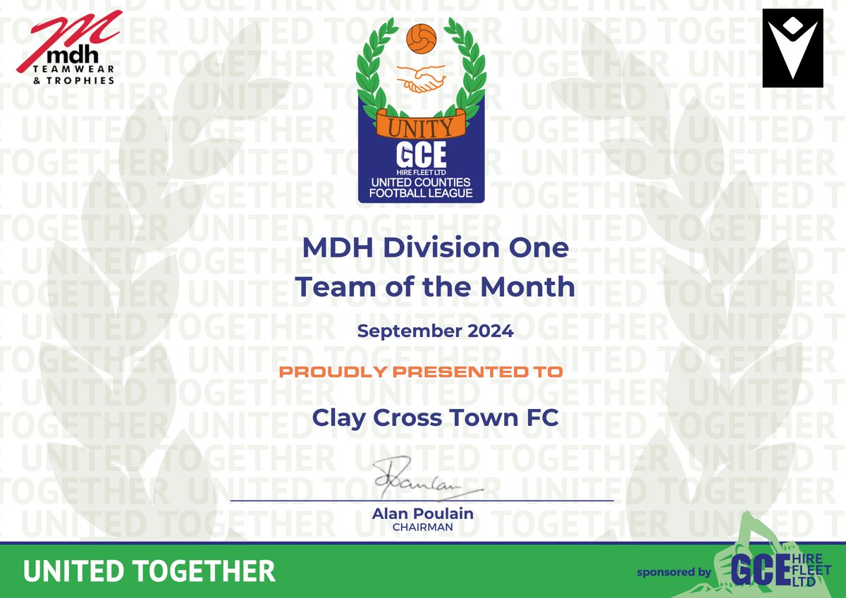 🏆September Awards🏆

Congratulations to <a href="/claycrosstownfc/">Clay Cross Town Football Club</a> who are the Division One Team of the Month for September🎉

They win the award winning all their League matches in September 👏👏

<a href="/MDHSports/">MDH Sports</a> <a href="/MacronSports/">Macron</a> <a href="/GCEHireFleet/">GCE Hire Fleet Ltd</a>