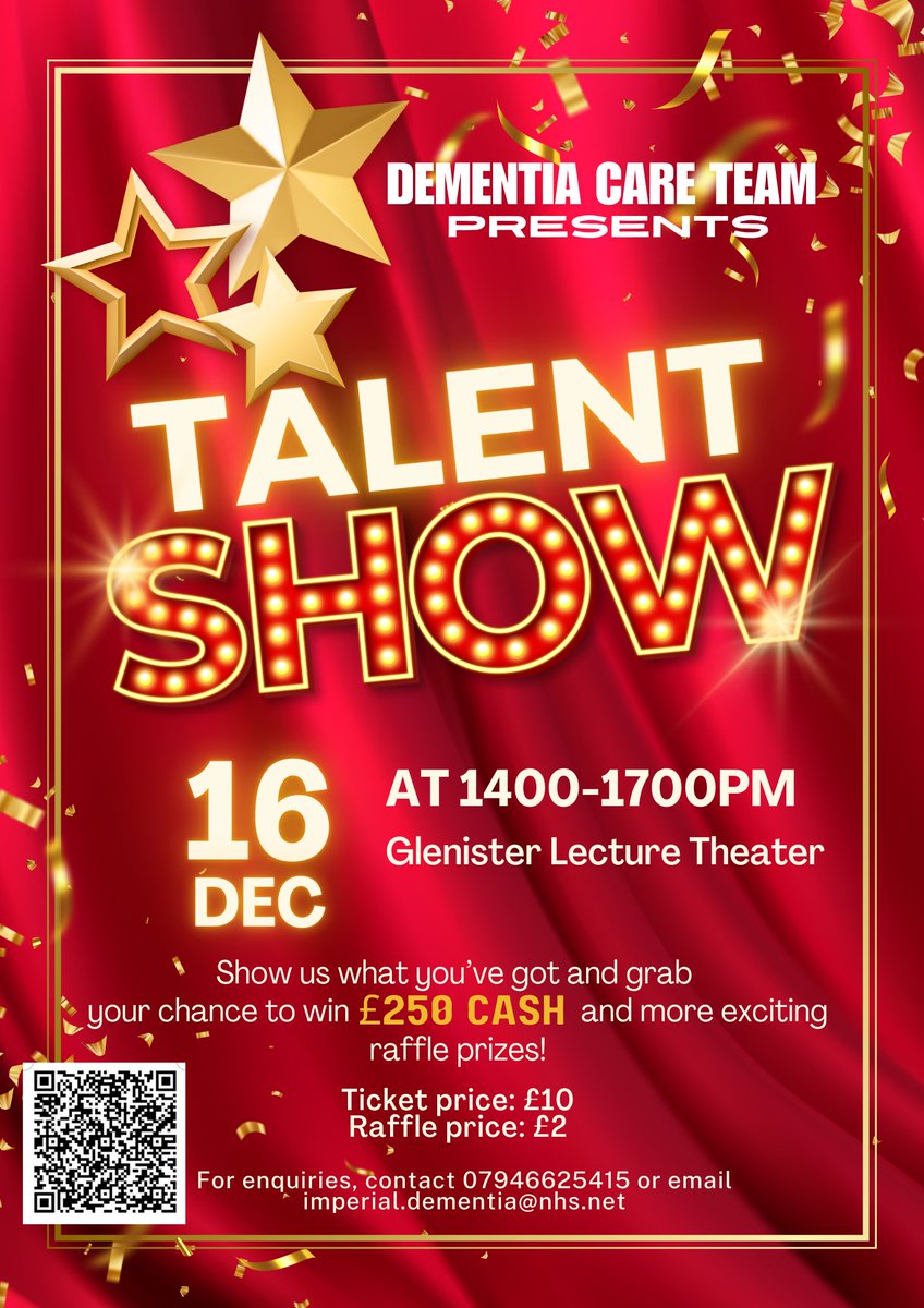 Im so excited to announce our first ever Dementia Care Team talent contest for staff members and fundraising activity! This is the time to showcase the talent youve been keeping to yourself to get the chance to win £250 cash! Grab your spots now! <a href="/ImperialPeople/">Imperial People 💙</a> <a href="/ImperialCharity/">Imperial Health Charity</a>