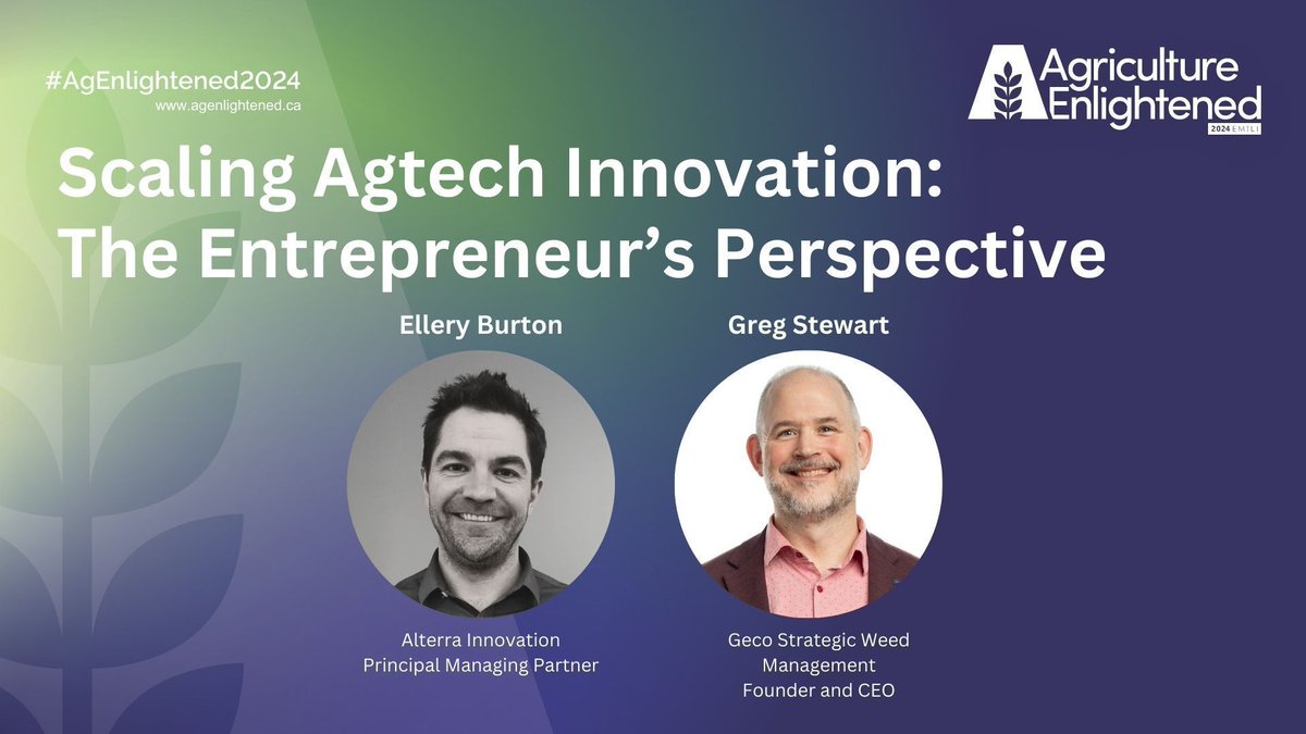 Hear directly from two Canadian agtech innovators at our upcoming 2024 Agriculture Enlightened conference on November 7.

➡️ Ellery Burton - Alterra Innovation

➡️ Greg Stewart - Geco Strategic Weed Management

Learn about the panel here:
buff.ly/47TsNOn