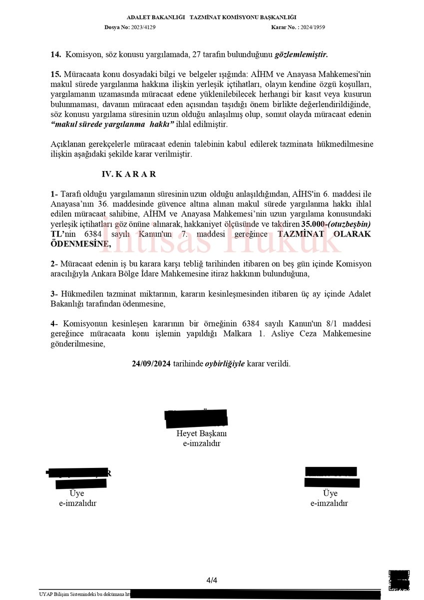 ihtisashukuk's tweet photo. Adalet Bakanlığı Tazminat Komisyonu, makul sürede yargılanma hakkı ihlali kapsamında yaptığımız başvuruda 35.000 TL tazminat ödenmesine karar verdi.
Gerekçe; 20/05/2015 tarihinde açılan 22/04/2022 tarihinde sonuçlanan dava için geçen süre makul değildir. 
Yargılama tek dereceli olarak 6 yıl 11 ay 2 gün sürmüştür.