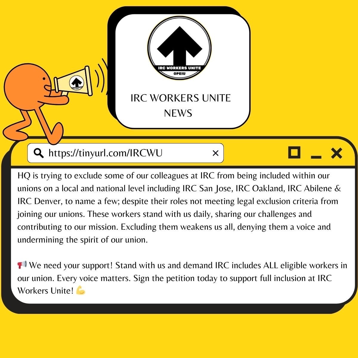 We refuse to leave anyone behind in our fight for a better IRC.

Stand in solidarity with us by sending a letter to demand IRC HQ stops attempting to keep our eligible colleagues out of their rightful place in our union!👇

actionnetwork.org/petitions/irc-…