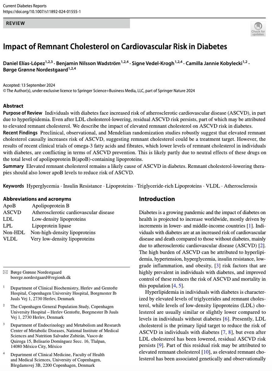 Our latest publication in collaboration with Professor Børge Nordestgaard's group from the University of Copenhagen, Denmark. "Impact of remnant cholesterol on cardiovascular risk in diabetes".
👇🏼 link
rdcu.be/dVQJg

<a href="/BNordestgaard/">Borge G Nordestgaard</a>