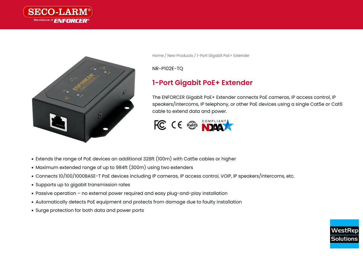 westrepsolution's tweet image. Gigabit PoE+ Extender

-Extends the range of PoE devices an additional 328ft (100m) with Cat5e cables or higher

-Maximum extended range of up to 984ft (300m) using two extenders

seco-larm.com/product/nr-p10…

#POEextender
#IPextender
#BICSI
#CEDIA
#securitycanada
#westrepsolutions