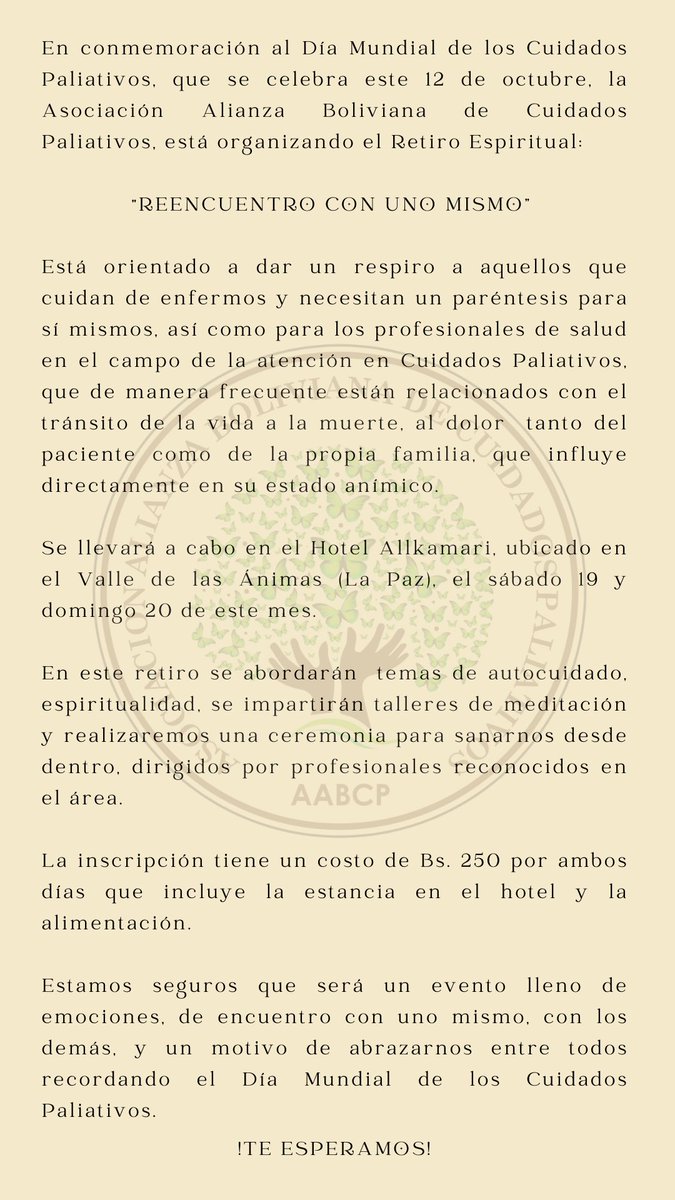 AABCP_'s tweet photo. 🧘‍♀️🌿 ¿Eres cuidador de un enfermo paliativo? Te invitamos a un retiro espiritual donde podrás recargar tu energía, compartir experiencias y reconectar contigo mismo. 

🌻Un espacio para el descanso, la reflexión y el apoyo mutuo. ¡Te esperamos! ✨ 

#Cuidador  #CuidadosPaliativos https://t.co/GJ9avR7IFF