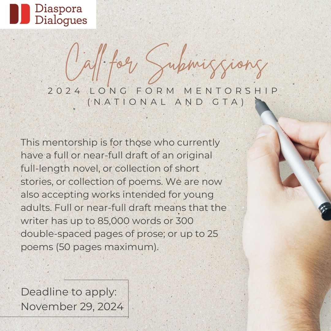 Please share widely 📣

Diaspora Dialogues invites submissions from emerging writers in both the GTA and across Canada who currently have a full or near-full draft of a manuscript. 

Visit our website for submission details and forms: diasporadialogues.com/open-call-for-…