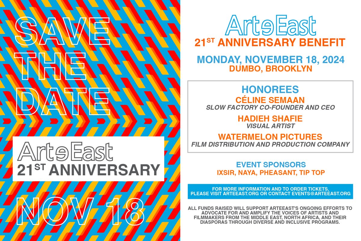 Join ArteEast 21st Anniversary Benefit in support of our mission: amplifying the voices of MENA artists and filmmakers, through diverse programming. 

For more info, tickets, or to support us through a donation go to arteeast.networkforgood.com/events/76074-a…