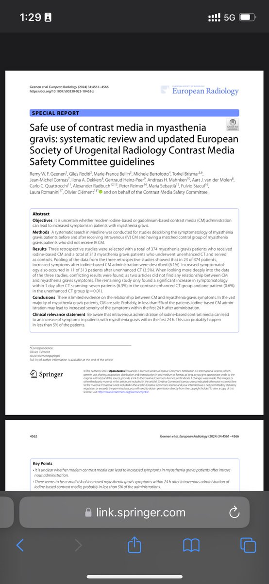 A recent study shows that CT and MRI contrast may increase symptoms of myasthenia gravis within the first 24 hours in less than 5% of the patients otherwise safe use.
