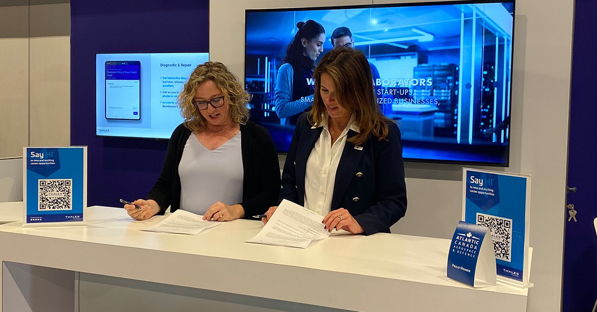 ThalesCanada's tweet photo. At #DEFSECAtlantic, Cara Salci, VP of Strategy & Government Relations for Thales in Canada, joined @COVE_Ocean CEO Melanie Nadeau to sign a memorandum of understanding for a 5-year commitment to our Naval Technology Innovation Challenges. The agreement will support this ongoing initiative, engaging small and medium sized businesses around solutions that will deliver new capabilities to the @RoyalCanNavy and drive value across the defence industry through collaboration